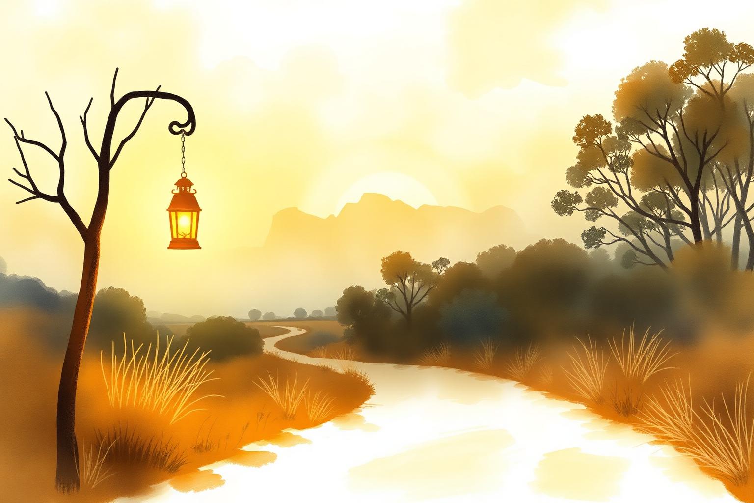 A warm lantern lighting a winding path through misty Australian countryside at dawn